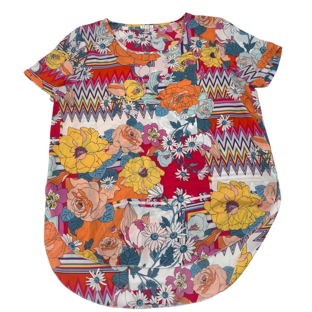 Spense Floral Chevron Geometric Print Short Sleeve Blouse Multicolor Large